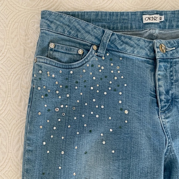 Cache Jeans Flare Wide Leg Raw Hem Rhinestone Pocket Chain Y2K Blue Women's 10 - Picture 5 of 16